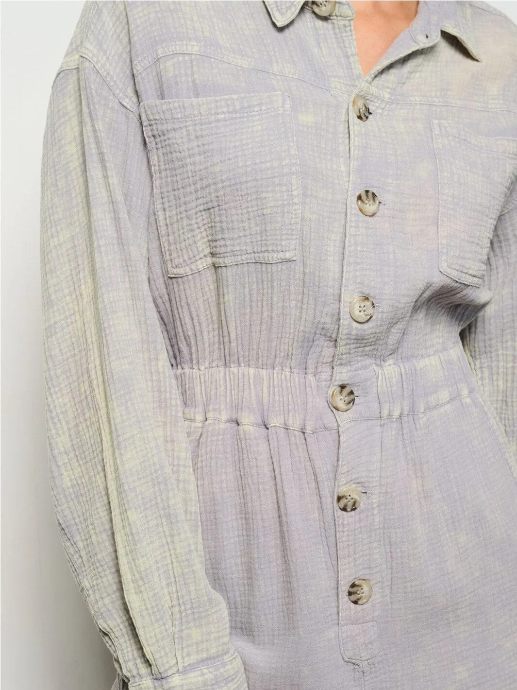 WOMEN'S LONG SLEEVE BUTTON UP POCKETS WASHED JUMPSUIT