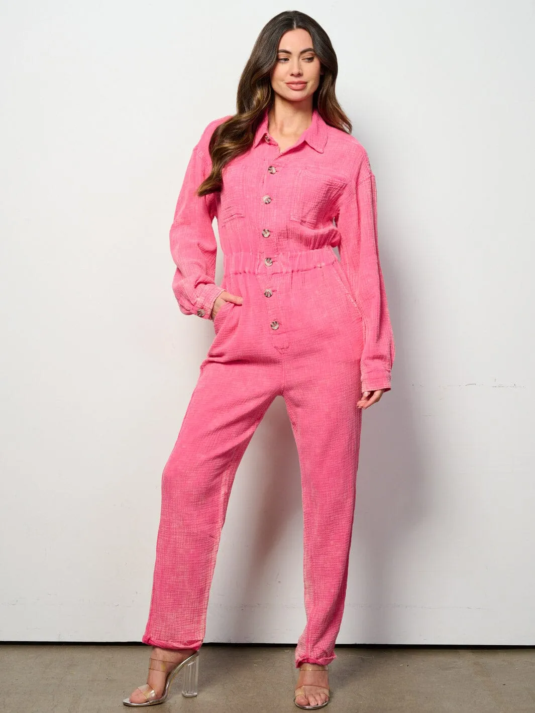 WOMEN'S LONG SLEEVE BUTTON UP POCKETS WASHED JUMPSUIT