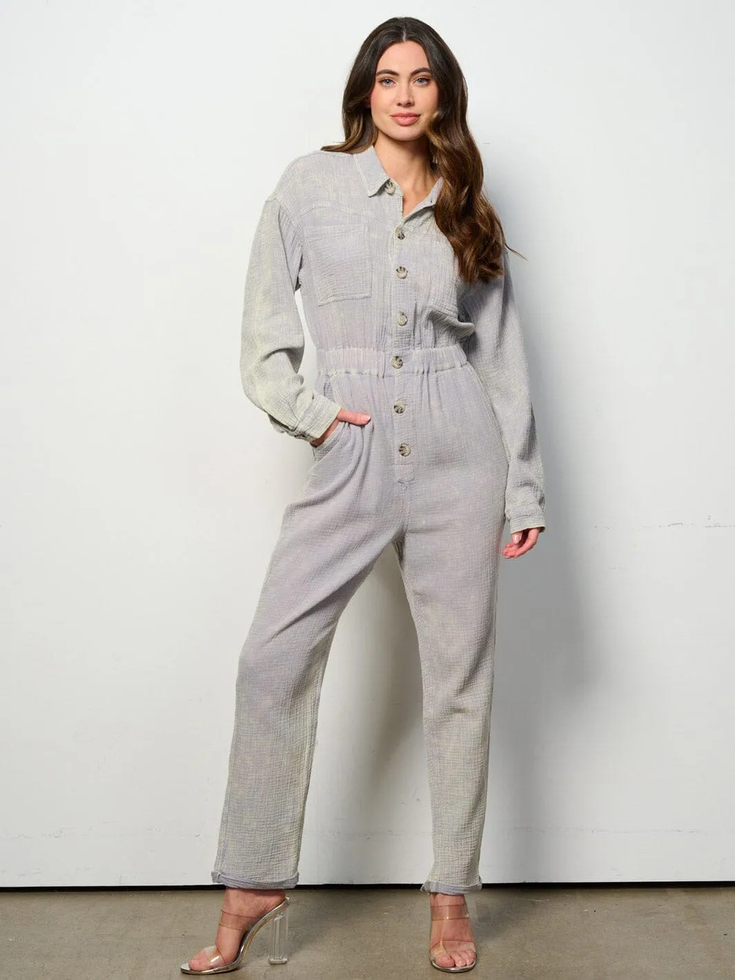 WOMEN'S LONG SLEEVE BUTTON UP POCKETS WASHED JUMPSUIT