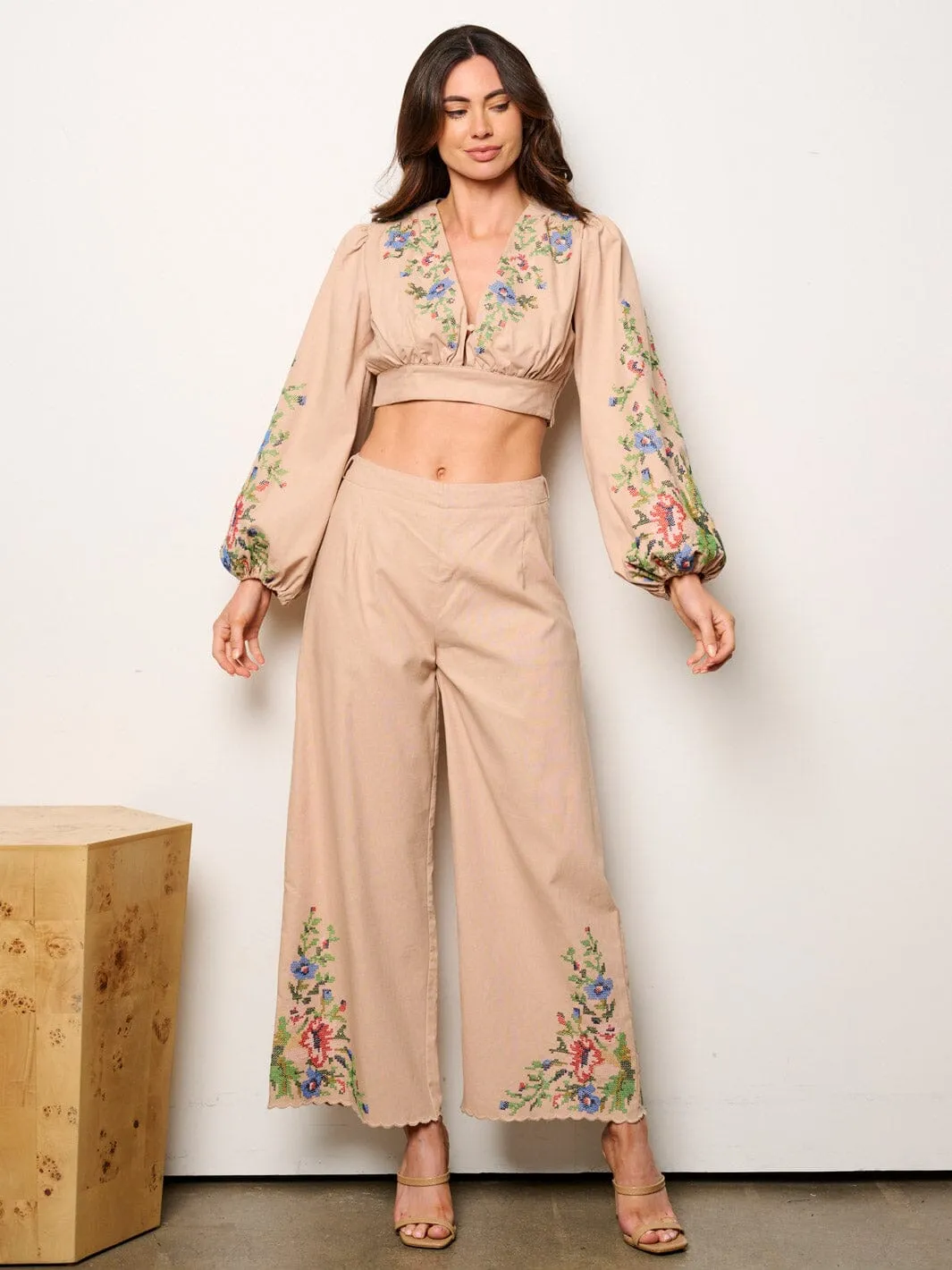 WOMEN'S LONG SLEEVE CROP TOP & PALAZZO PANTS EMBROIDERY DETAILED 2PC.SET