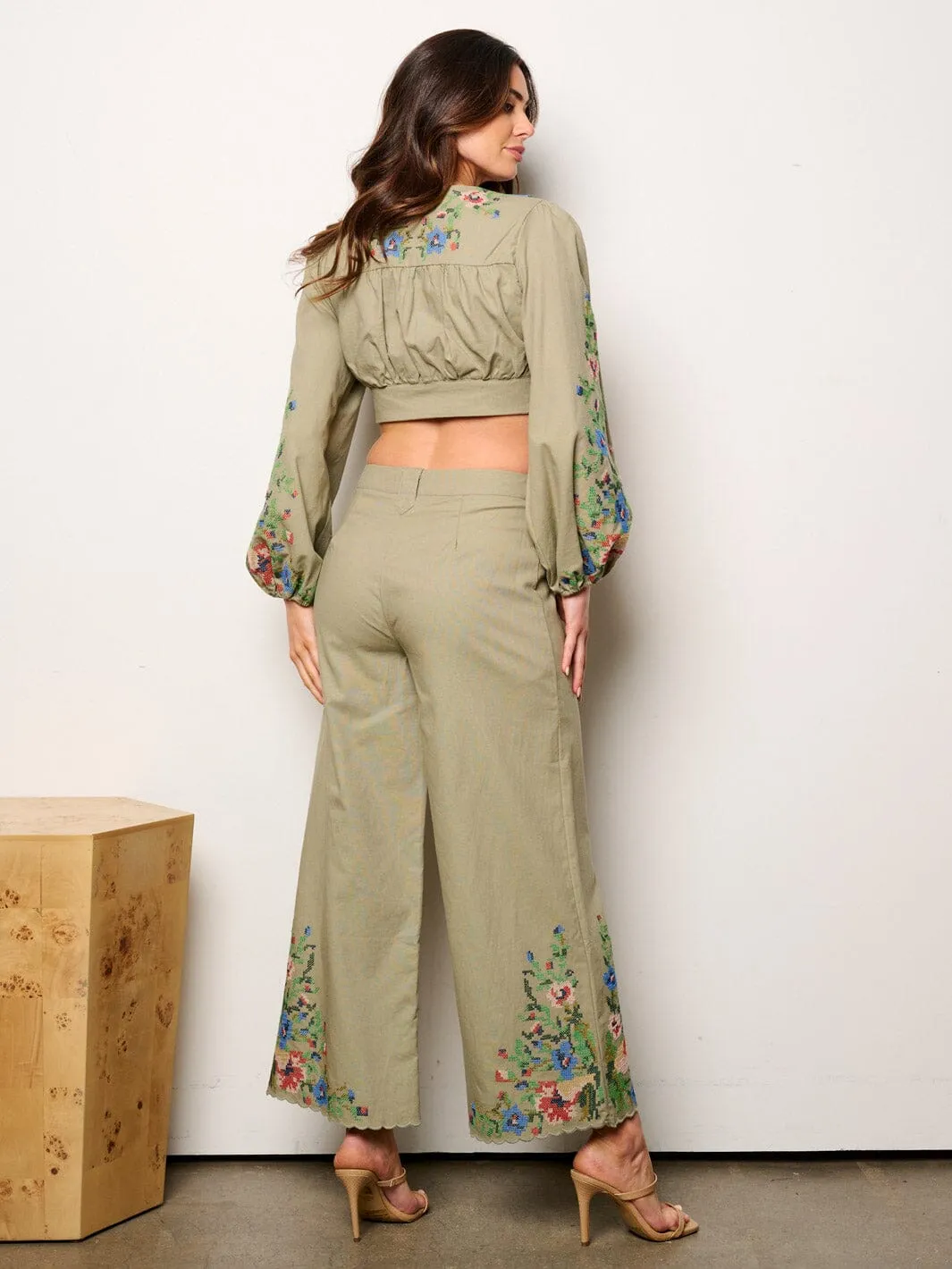 WOMEN'S LONG SLEEVE CROP TOP & PALAZZO PANTS EMBROIDERY DETAILED 2PC.SET