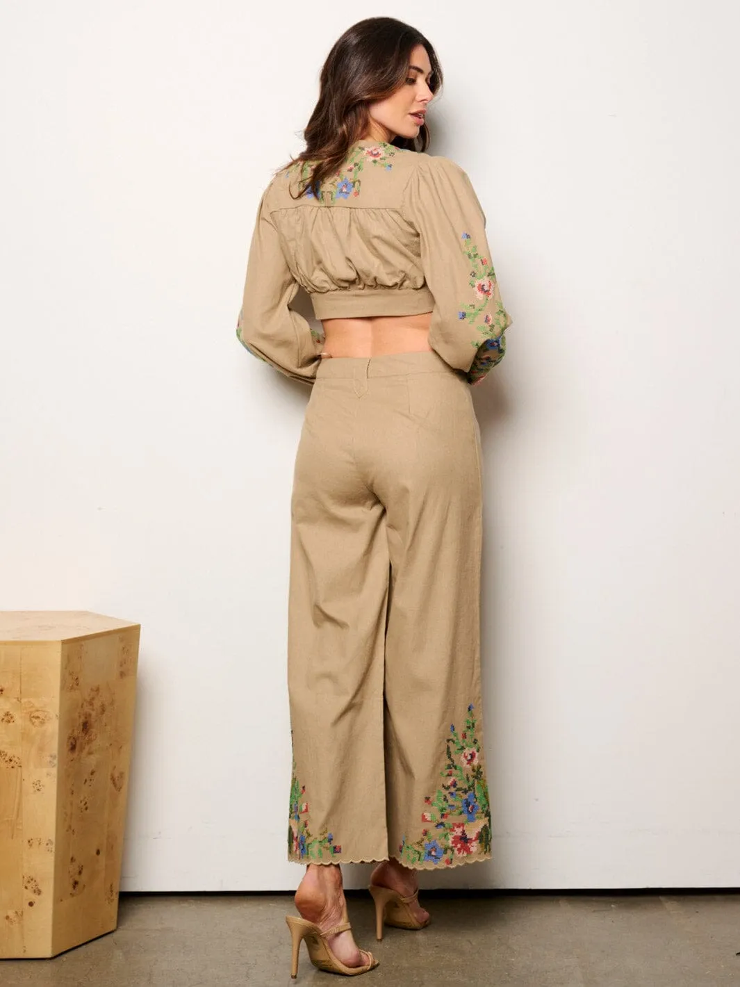 WOMEN'S LONG SLEEVE CROP TOP & PALAZZO PANTS EMBROIDERY DETAILED 2PC.SET