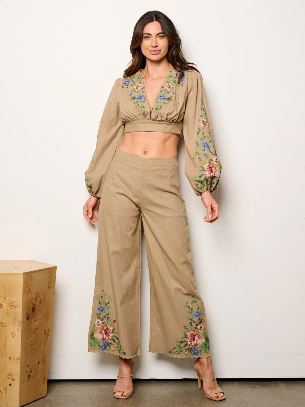 WOMEN'S LONG SLEEVE CROP TOP & PALAZZO PANTS EMBROIDERY DETAILED 2PC.SET