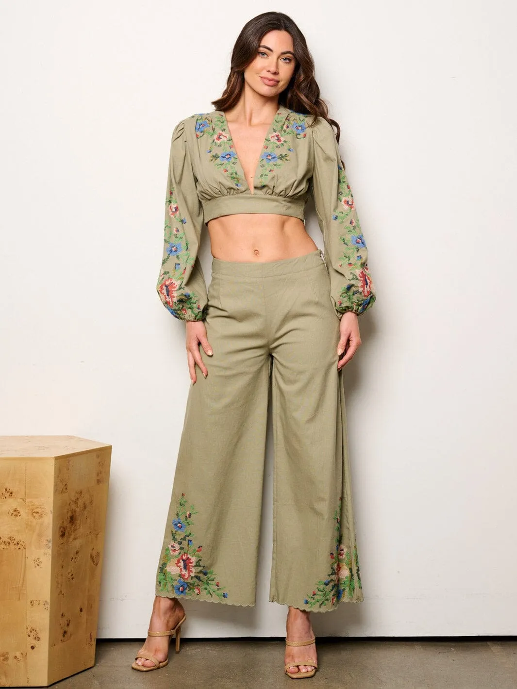 WOMEN'S LONG SLEEVE CROP TOP & PALAZZO PANTS EMBROIDERY DETAILED 2PC.SET