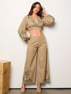 WOMEN'S LONG SLEEVE CROP TOP & PALAZZO PANTS EMBROIDERY DETAILED 2PC.SET