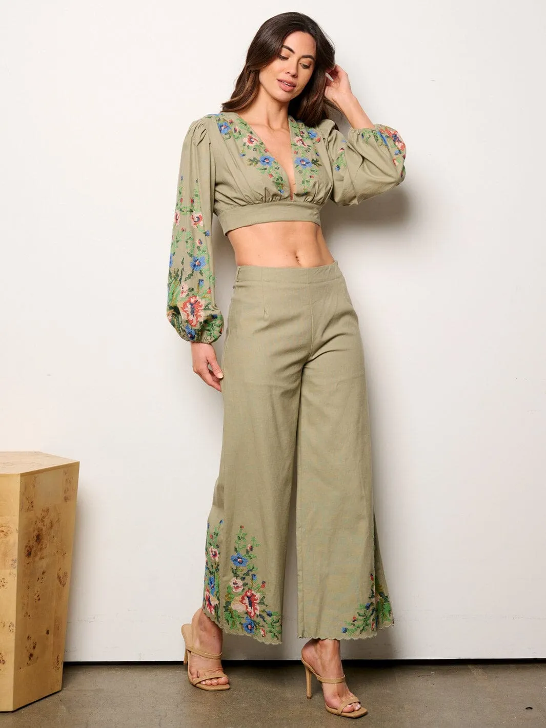 WOMEN'S LONG SLEEVE CROP TOP & PALAZZO PANTS EMBROIDERY DETAILED 2PC.SET