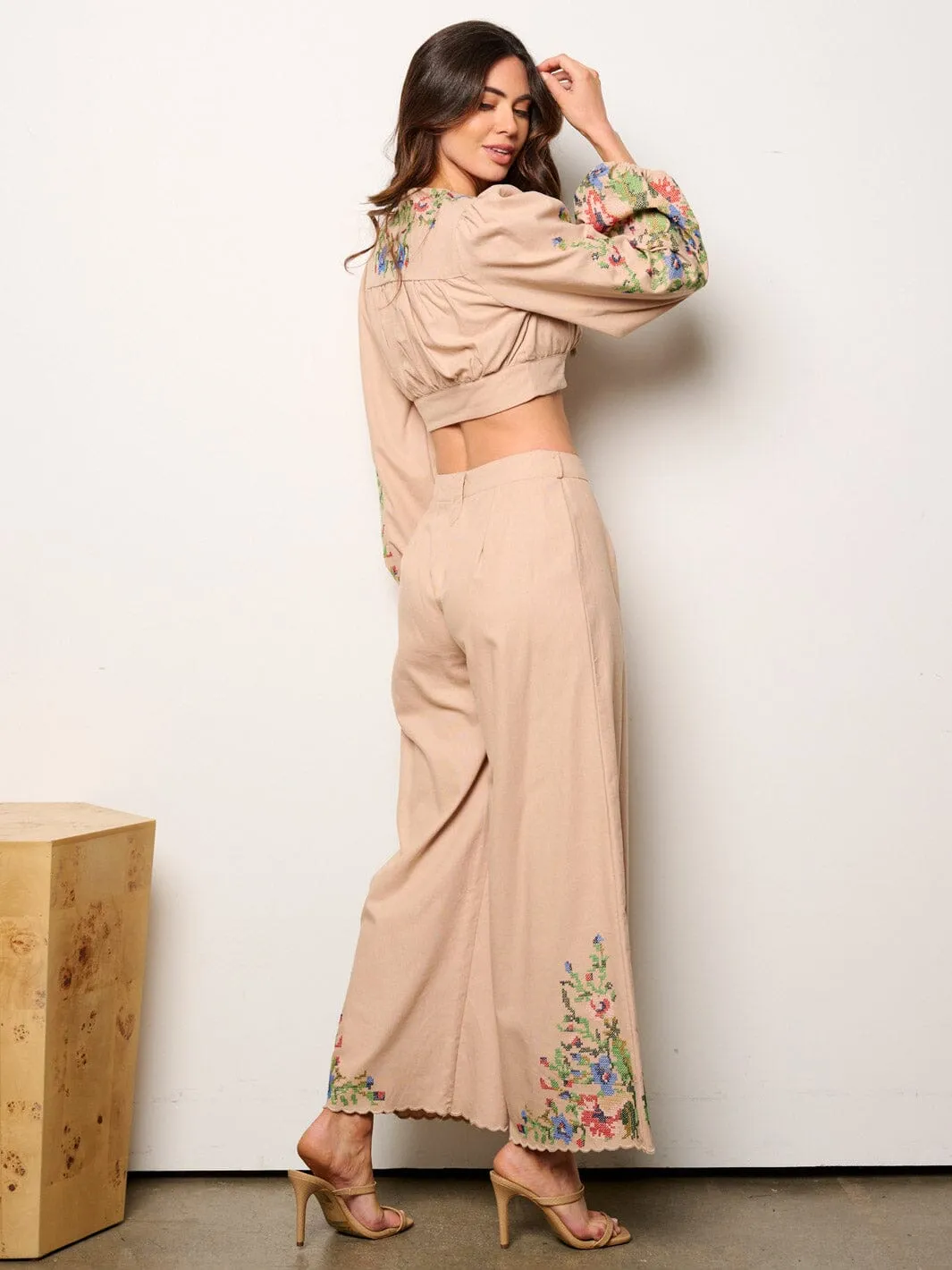 WOMEN'S LONG SLEEVE CROP TOP & PALAZZO PANTS EMBROIDERY DETAILED 2PC.SET