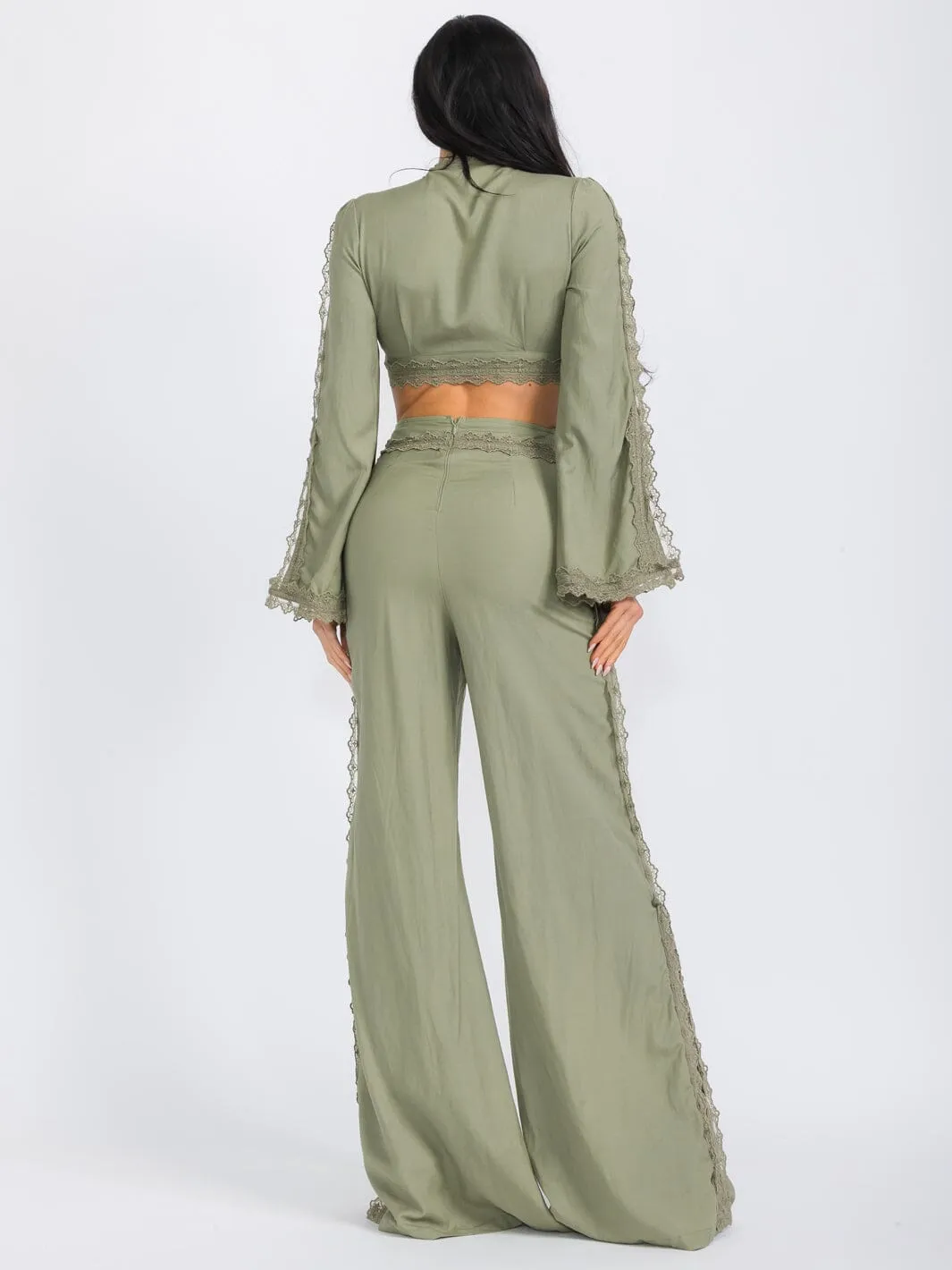 WOMEN'S LONG SLEEVE CROP TOP & WIDE LEG PANTS LACE CROCHET 2PC. SET