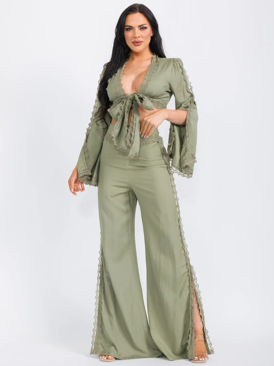 WOMEN'S LONG SLEEVE CROP TOP & WIDE LEG PANTS LACE CROCHET 2PC. SET
