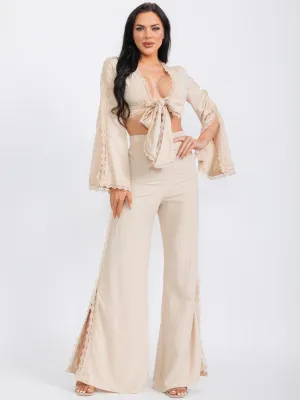 WOMEN'S LONG SLEEVE CROP TOP & WIDE LEG PANTS LACE CROCHET 2PC. SET