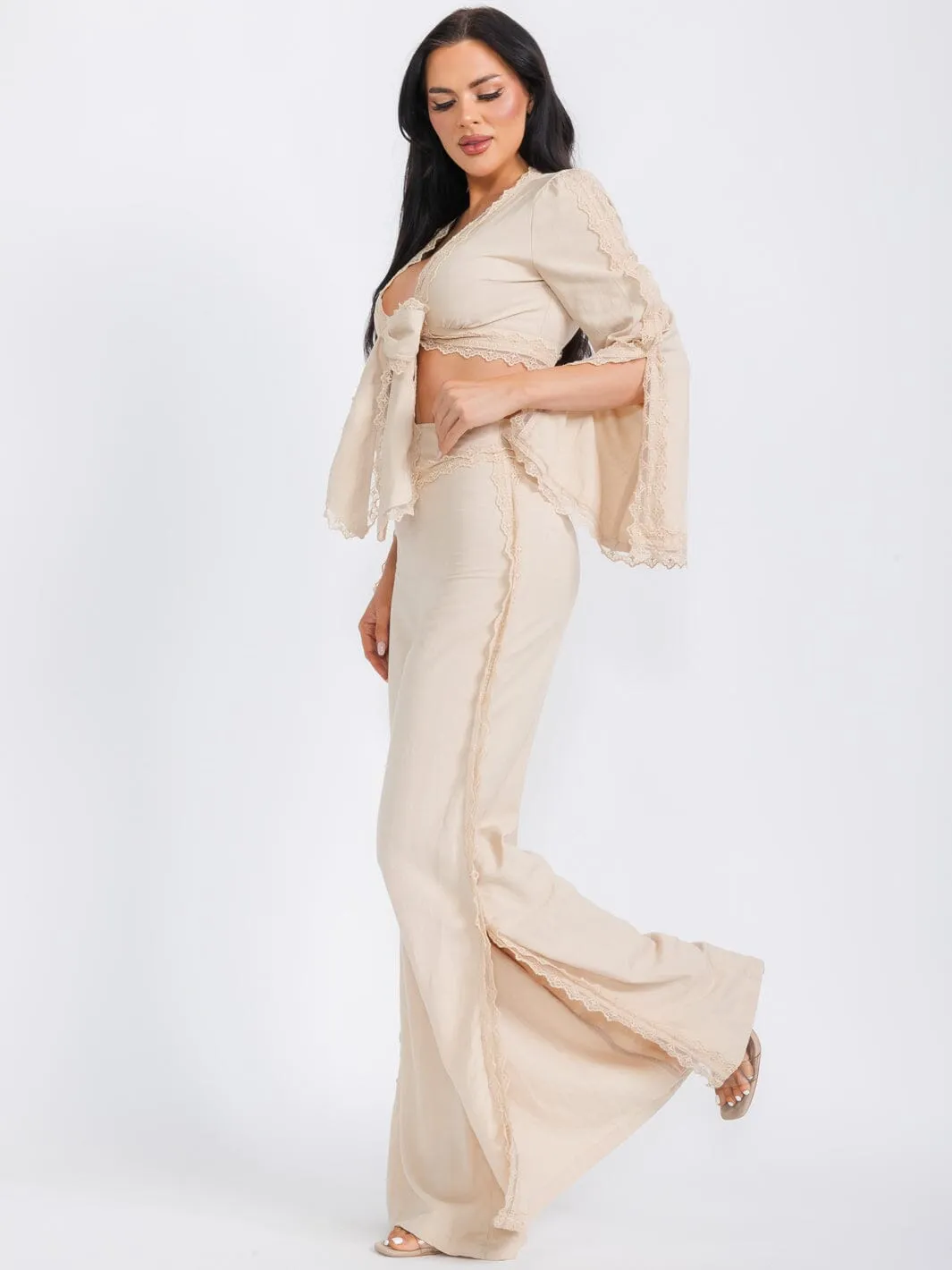 WOMEN'S LONG SLEEVE CROP TOP & WIDE LEG PANTS LACE CROCHET 2PC. SET
