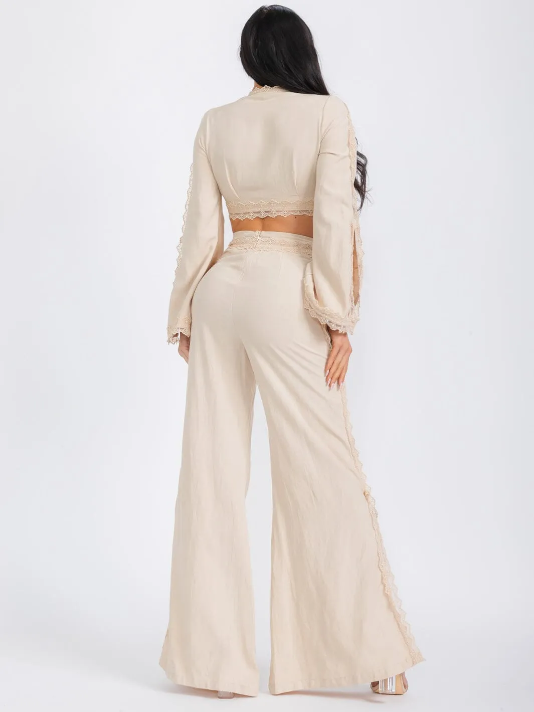 WOMEN'S LONG SLEEVE CROP TOP & WIDE LEG PANTS LACE CROCHET 2PC. SET