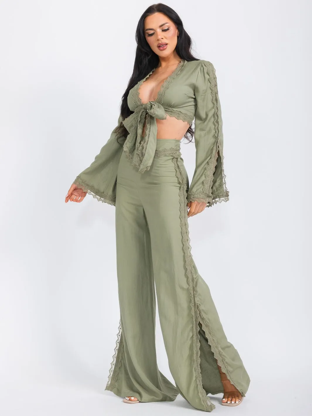 WOMEN'S LONG SLEEVE CROP TOP & WIDE LEG PANTS LACE CROCHET 2PC. SET