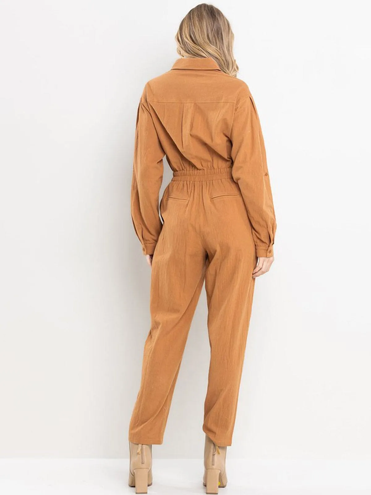WOMEN'S LONG SLEEVE ELASTIC WAIST POCKETS JUMPSUIT