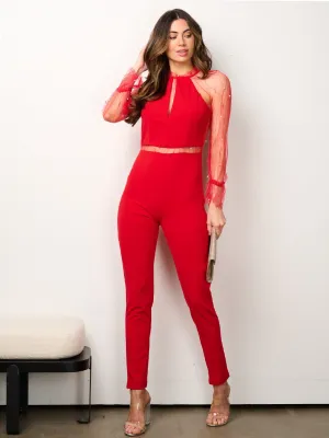 WOMEN'S LONG SLEEVE OPEN BACK MESH DETAILED JUMPSUIT