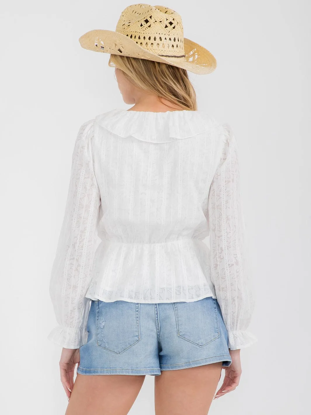 WOMEN'S LONG SLEEVE V-NECK RUFFLE PEPLUM BLOUSE
