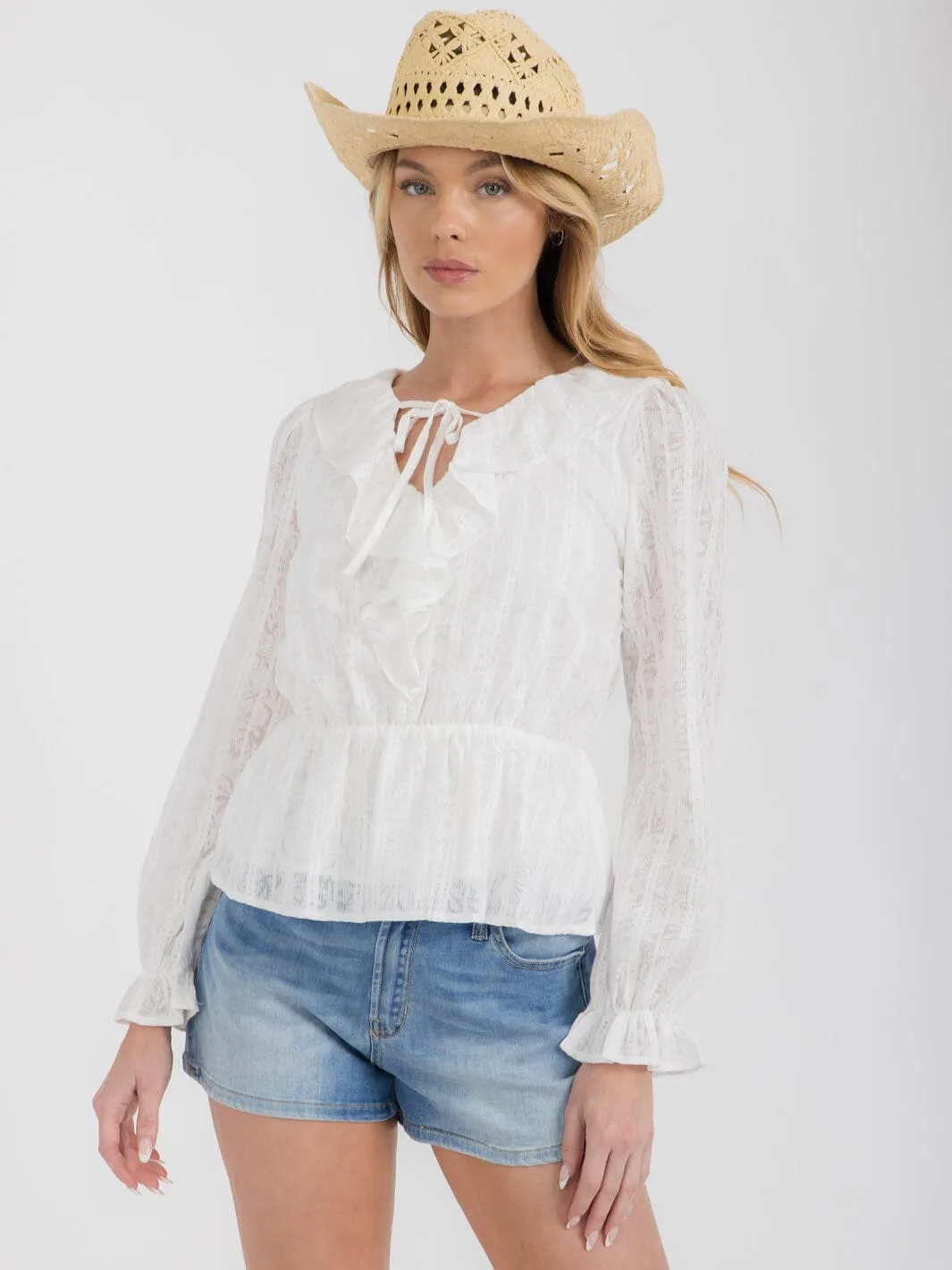 WOMEN'S LONG SLEEVE V-NECK RUFFLE PEPLUM BLOUSE