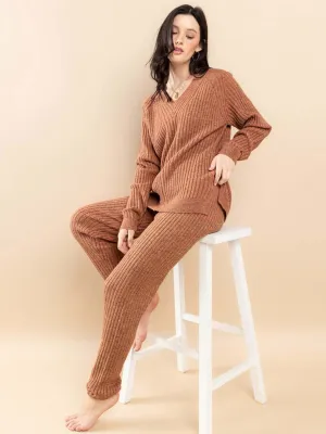 WOMEN'S LONG SLEEVE V-NECK TOP & PANTS RIBBED 2PC. SET