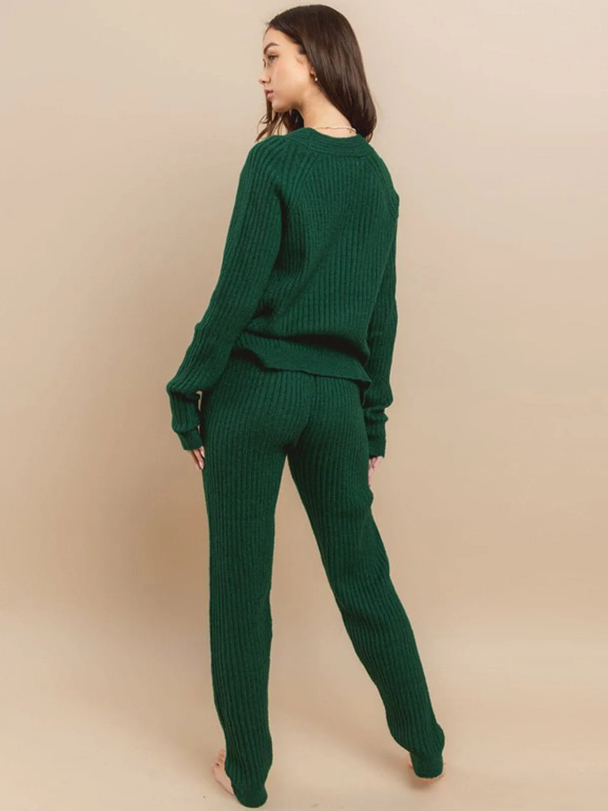 WOMEN'S LONG SLEEVE V-NECK TOP & PANTS RIBBED 2PC. SET