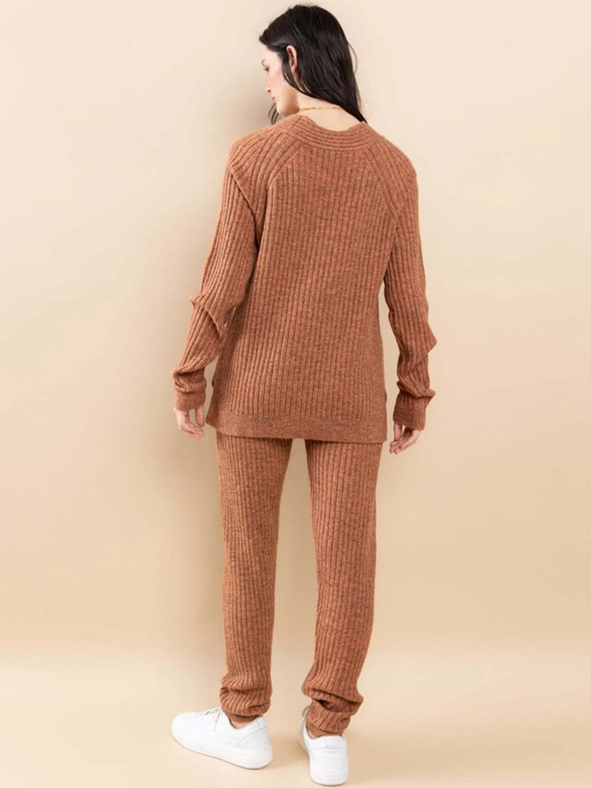 WOMEN'S LONG SLEEVE V-NECK TOP & PANTS RIBBED 2PC. SET