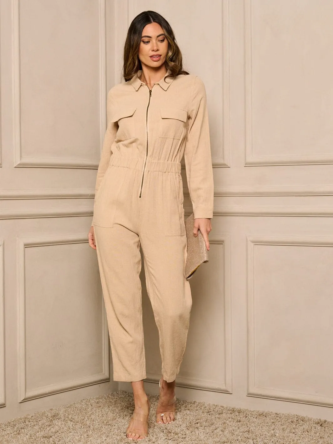 WOMEN'S LONG SLEEVE ZIP UP FRONT POCKETS JUMPSUIT