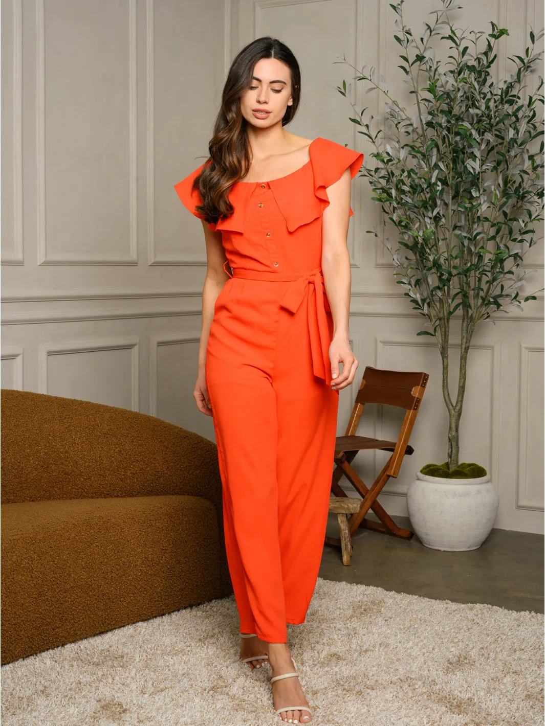 WOMEN'S OFF SHOULDER RUFFLE BUTTON DETAIL JUMPSUIT