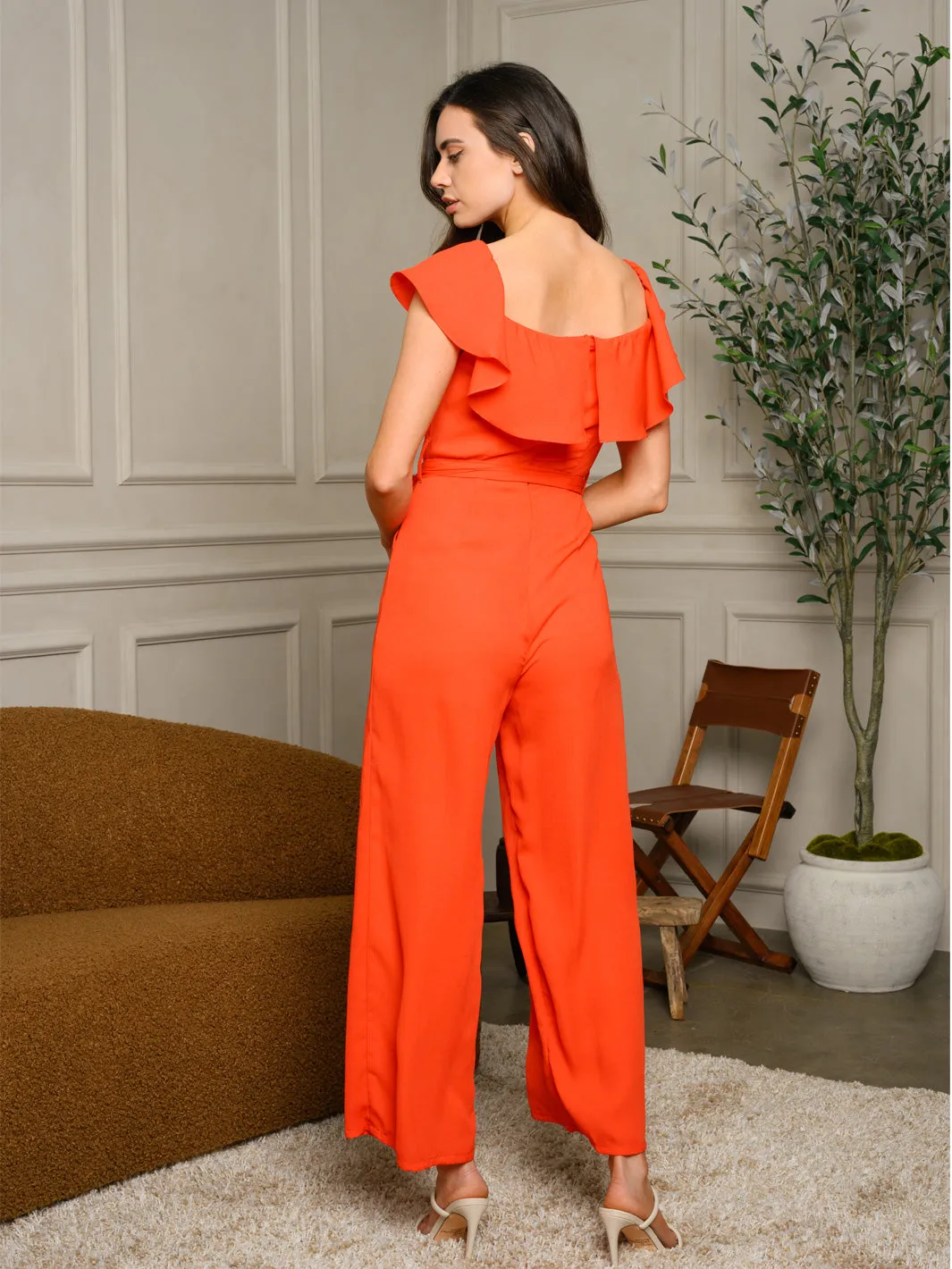 WOMEN'S OFF SHOULDER RUFFLE BUTTON DETAIL JUMPSUIT