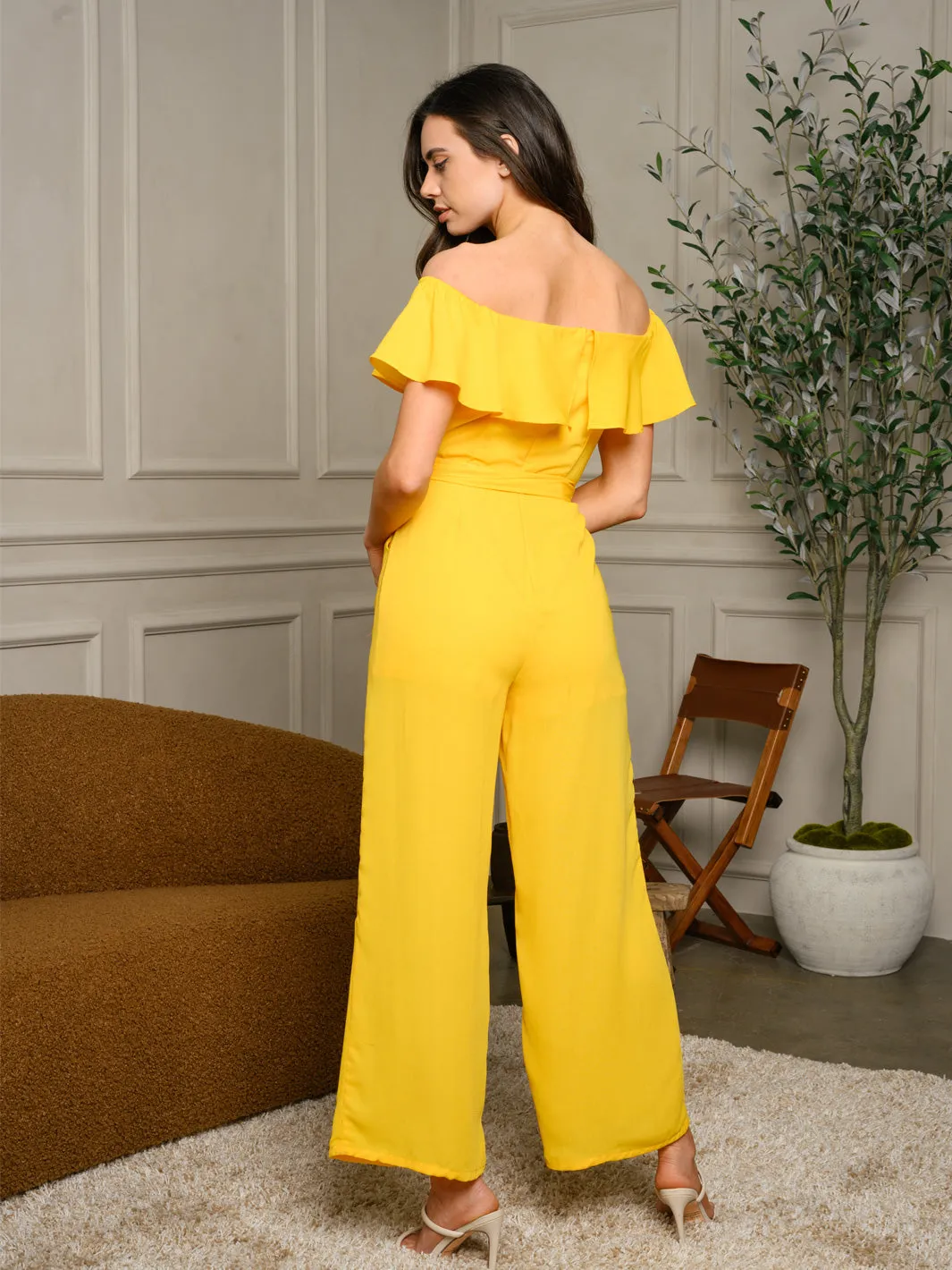 WOMEN'S OFF SHOULDER RUFFLE BUTTON DETAIL JUMPSUIT