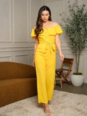 WOMEN'S OFF SHOULDER RUFFLE BUTTON DETAIL JUMPSUIT