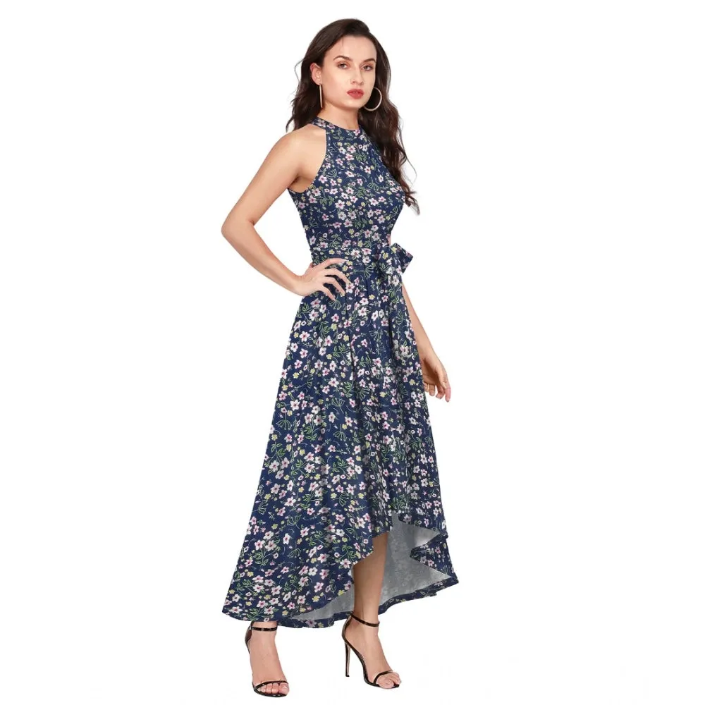 Women's Polyester Printed Halter Neck Sleeveless Dress (Blue)