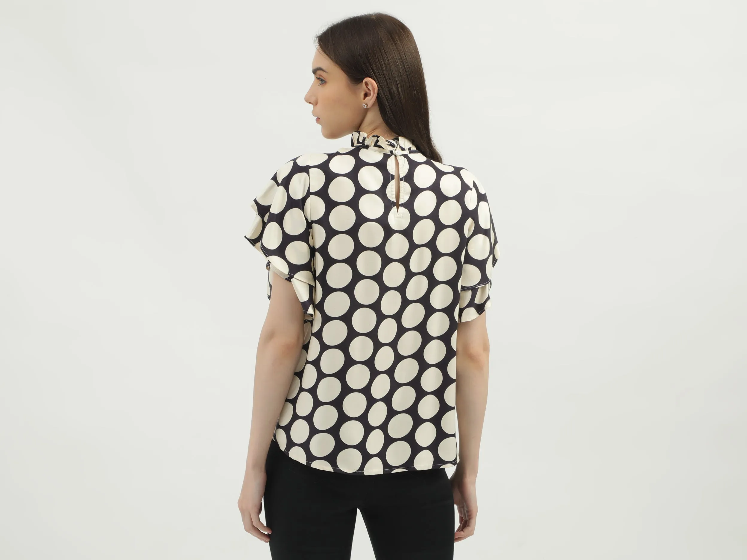 Women's Regular Fit Ruffled Neck Printed Tops