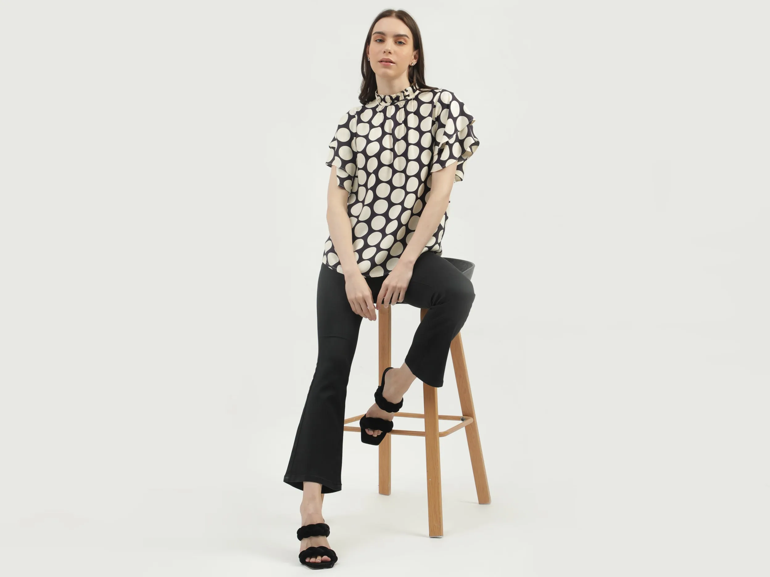 Women's Regular Fit Ruffled Neck Printed Tops