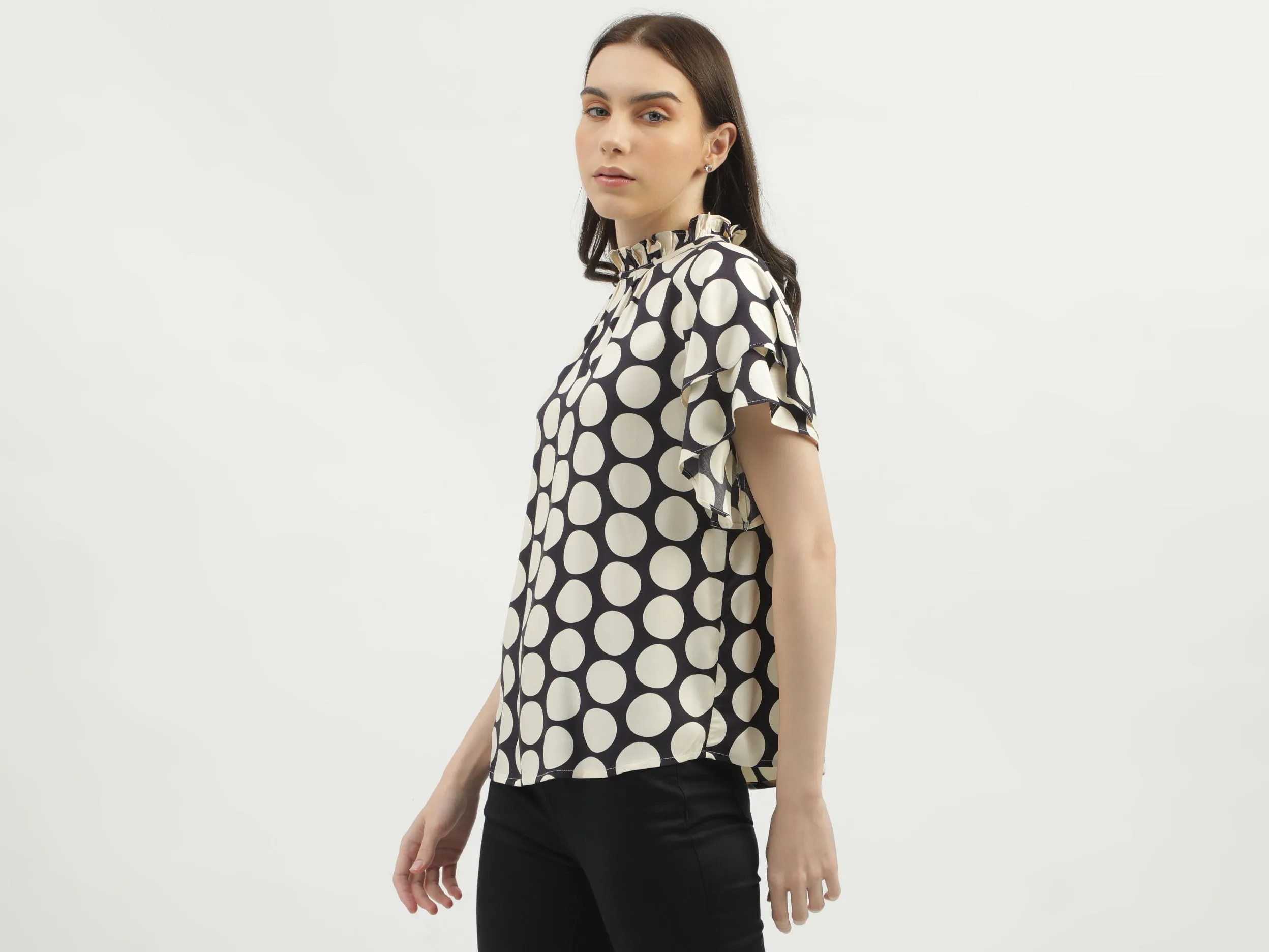 Women's Regular Fit Ruffled Neck Printed Tops