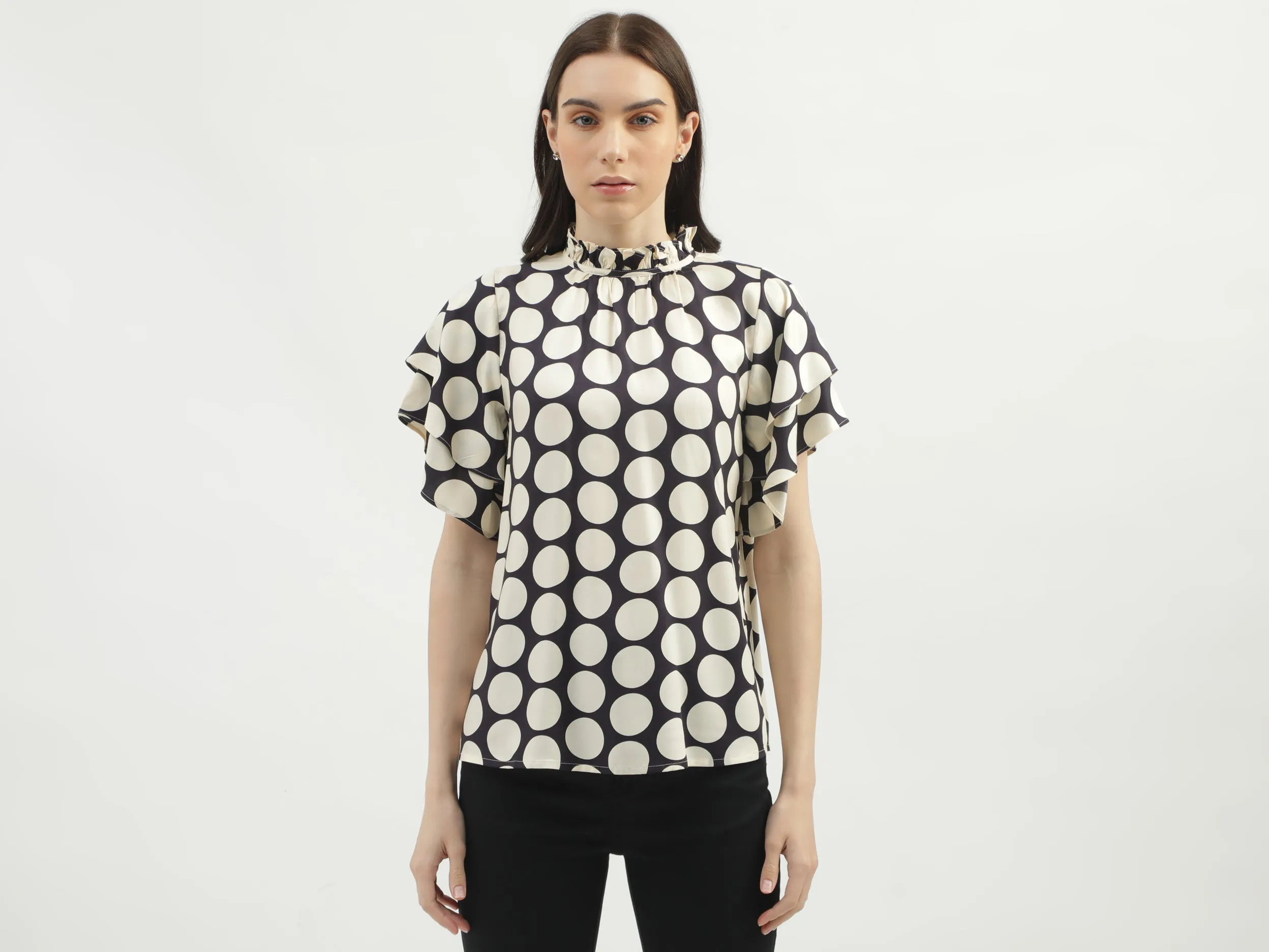 Women's Regular Fit Ruffled Neck Printed Tops