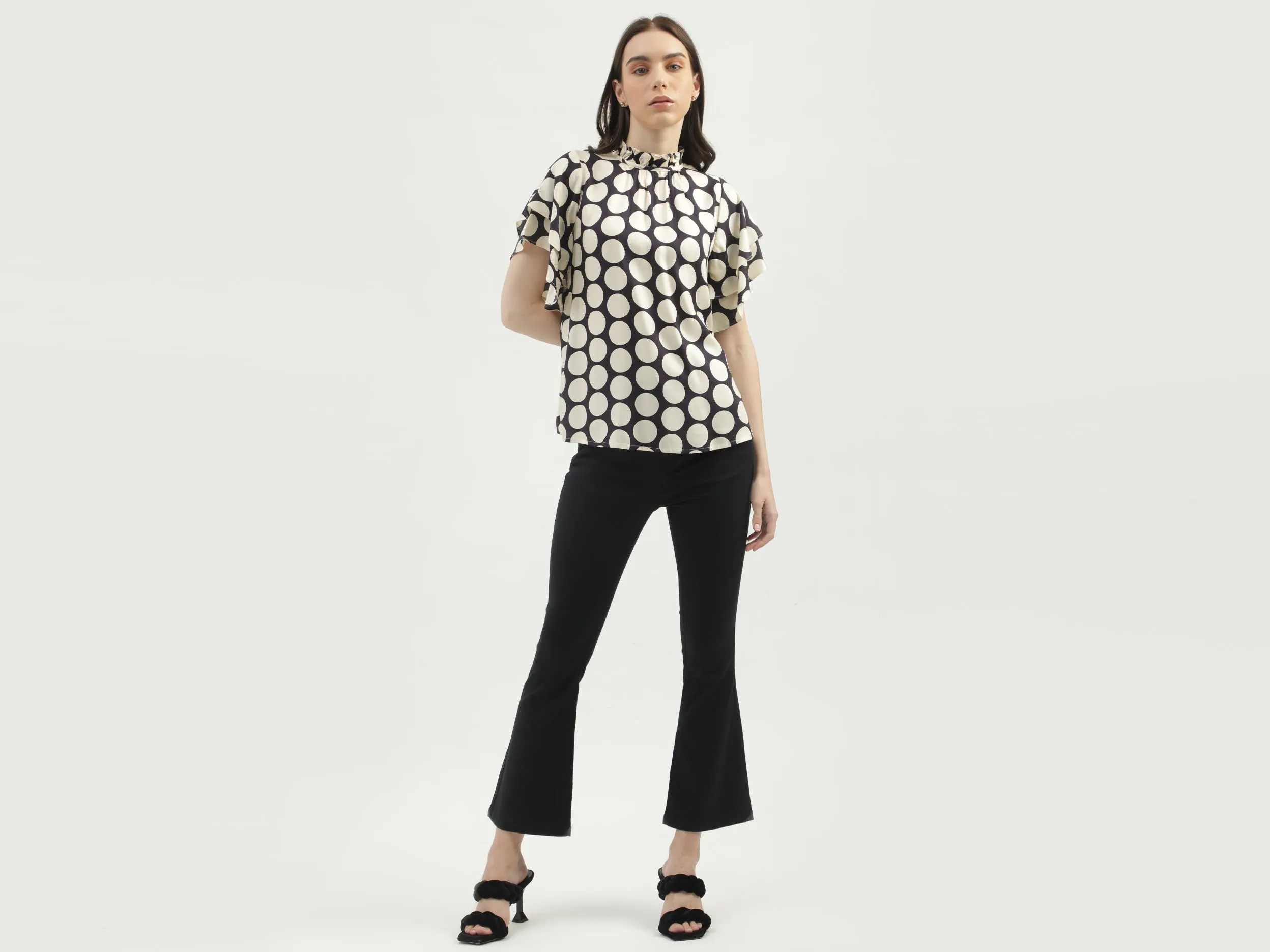Women's Regular Fit Ruffled Neck Printed Tops