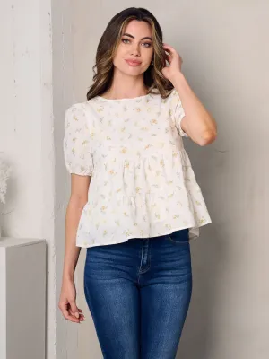 WOMEN'S SHORT PUFF SLEEVE FLORAL PEPLUM TOP