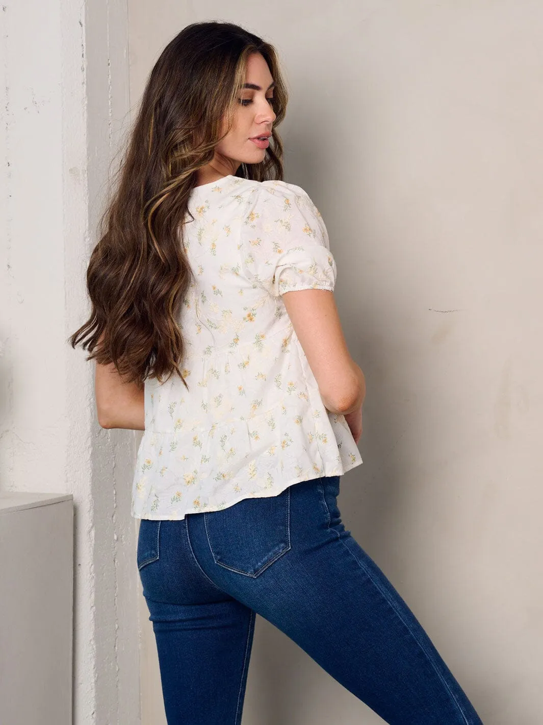 WOMEN'S SHORT PUFF SLEEVE FLORAL PEPLUM TOP