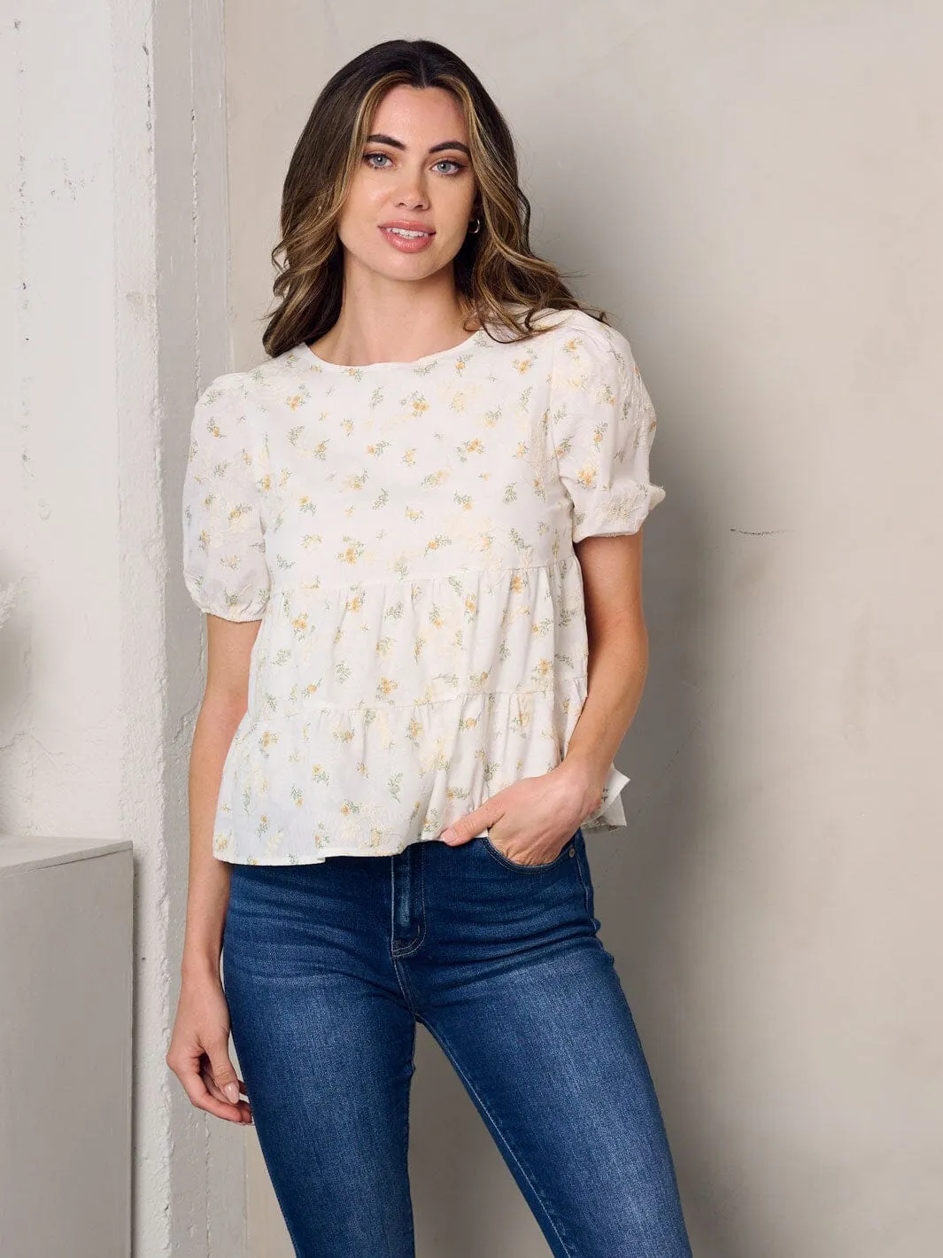 WOMEN'S SHORT PUFF SLEEVE FLORAL PEPLUM TOP