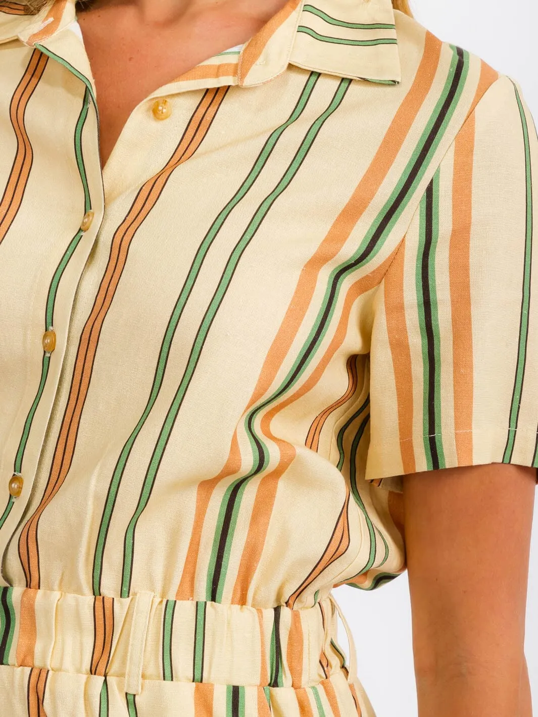 WOMENS' SHORT SLEEVE BUTTON UP FRONT POCKETS MULTI STRIPES ROMPER