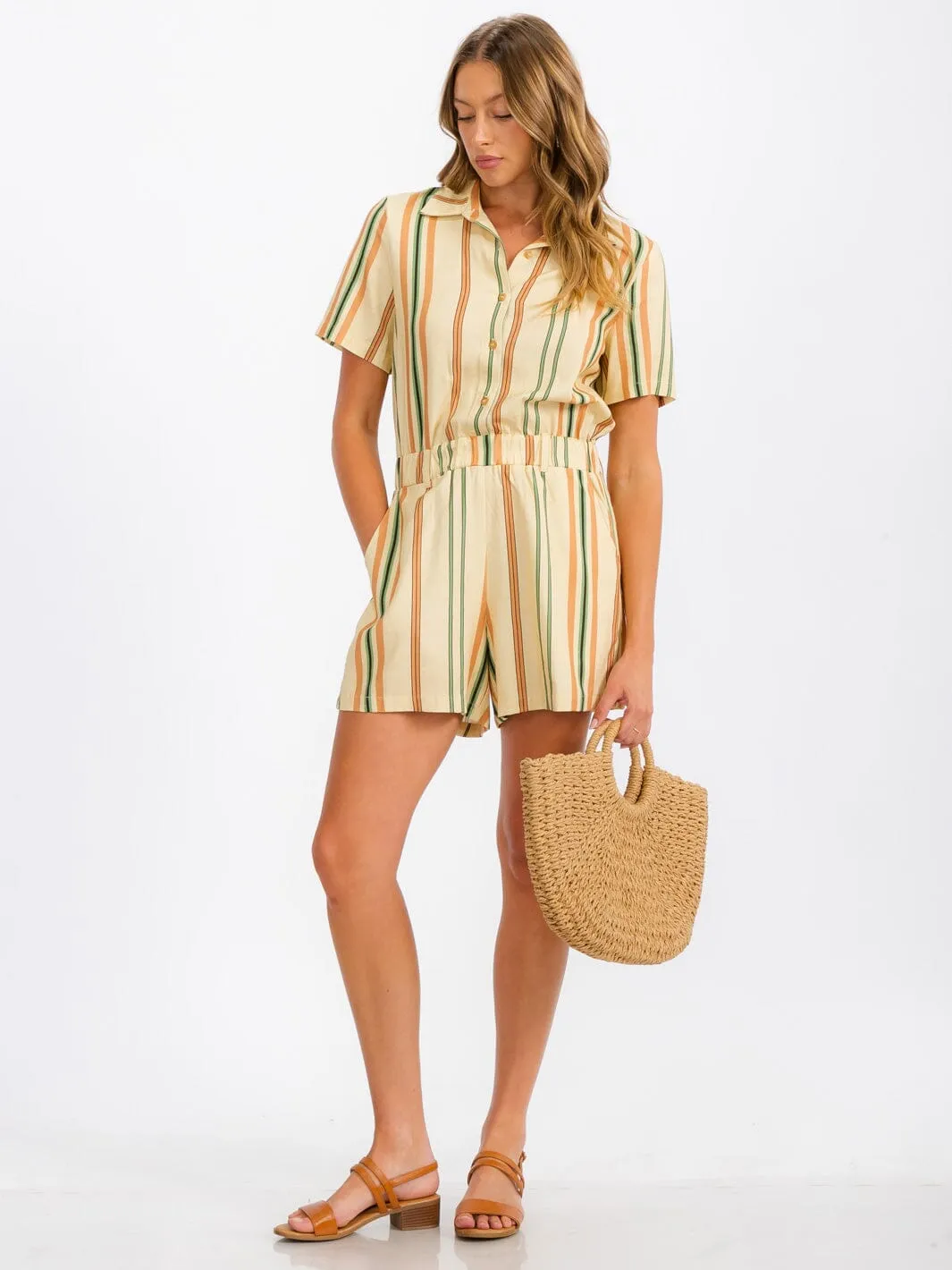 WOMENS' SHORT SLEEVE BUTTON UP FRONT POCKETS MULTI STRIPES ROMPER