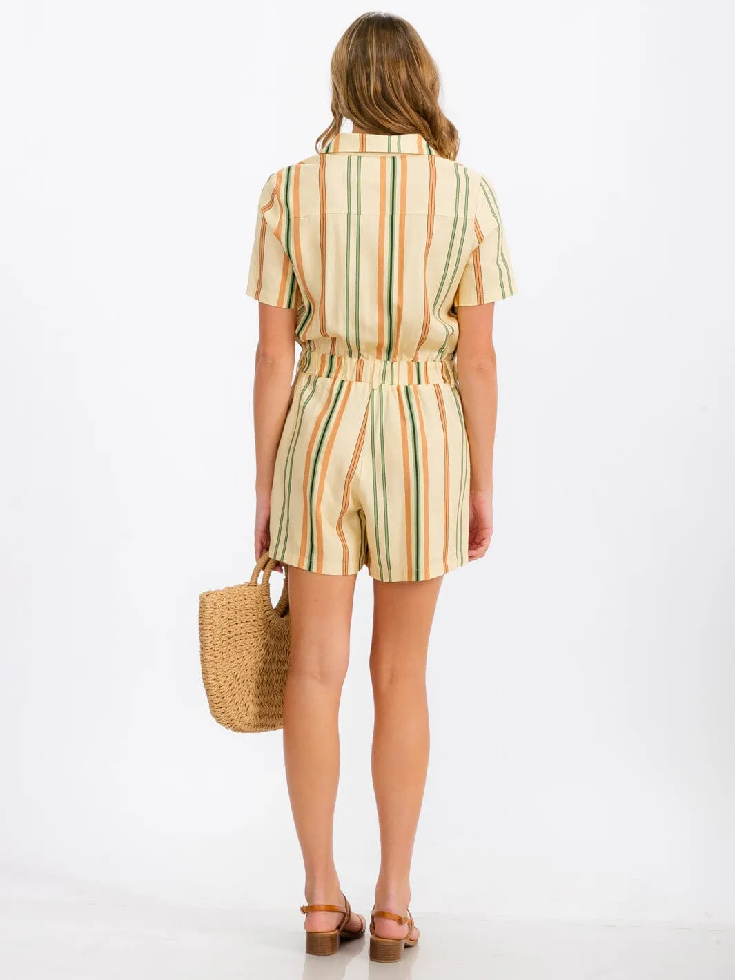 WOMENS' SHORT SLEEVE BUTTON UP FRONT POCKETS MULTI STRIPES ROMPER
