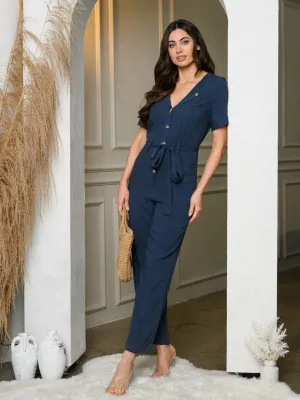 WOMEN'S SHORT SLEEVE BUTTON UP SELF TIE POCKETS JUMPSUIT