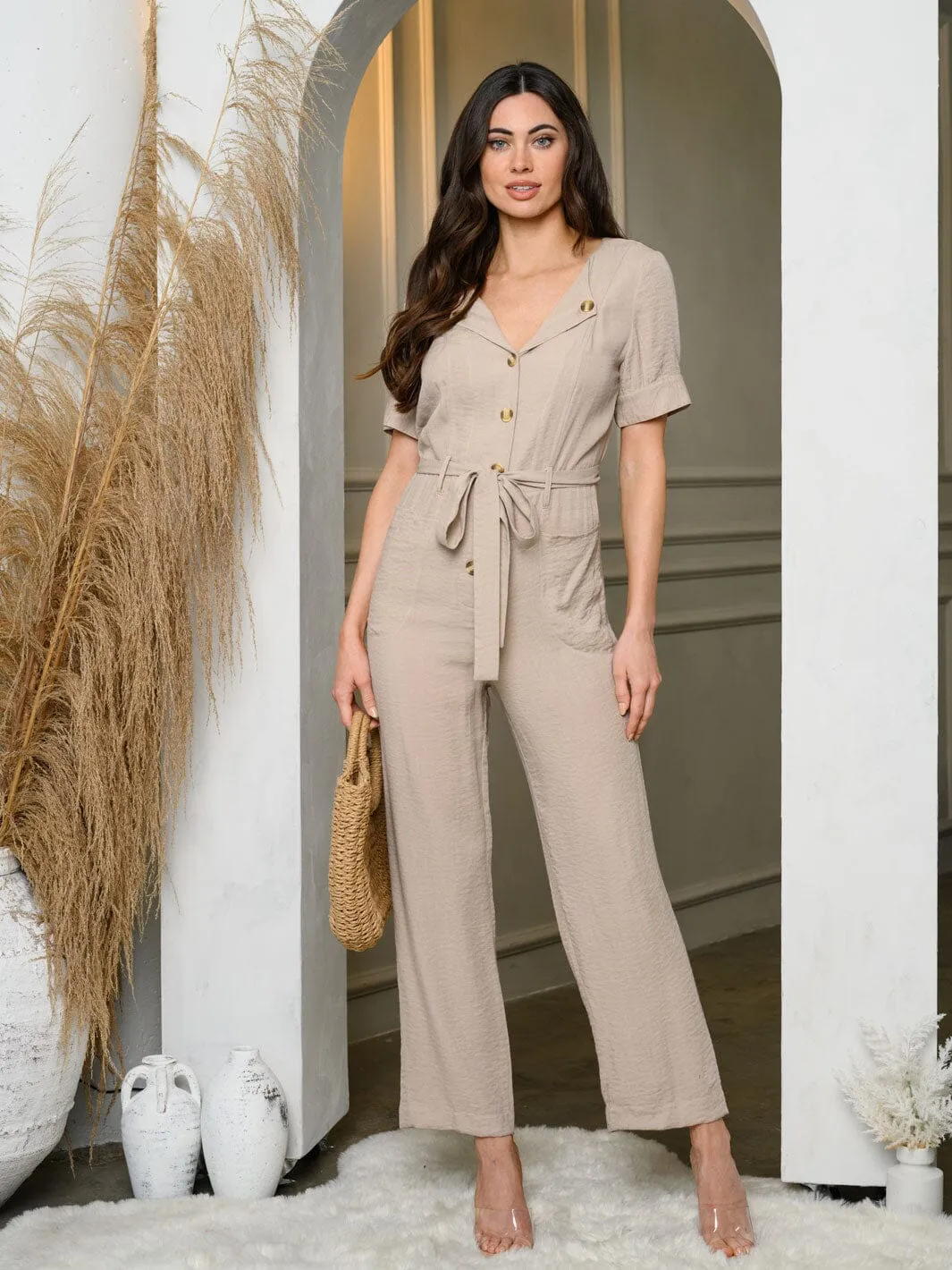 WOMEN'S SHORT SLEEVE BUTTON UP SELF TIE POCKETS JUMPSUIT