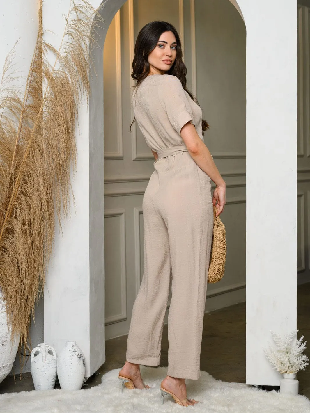 WOMEN'S SHORT SLEEVE BUTTON UP SELF TIE POCKETS JUMPSUIT