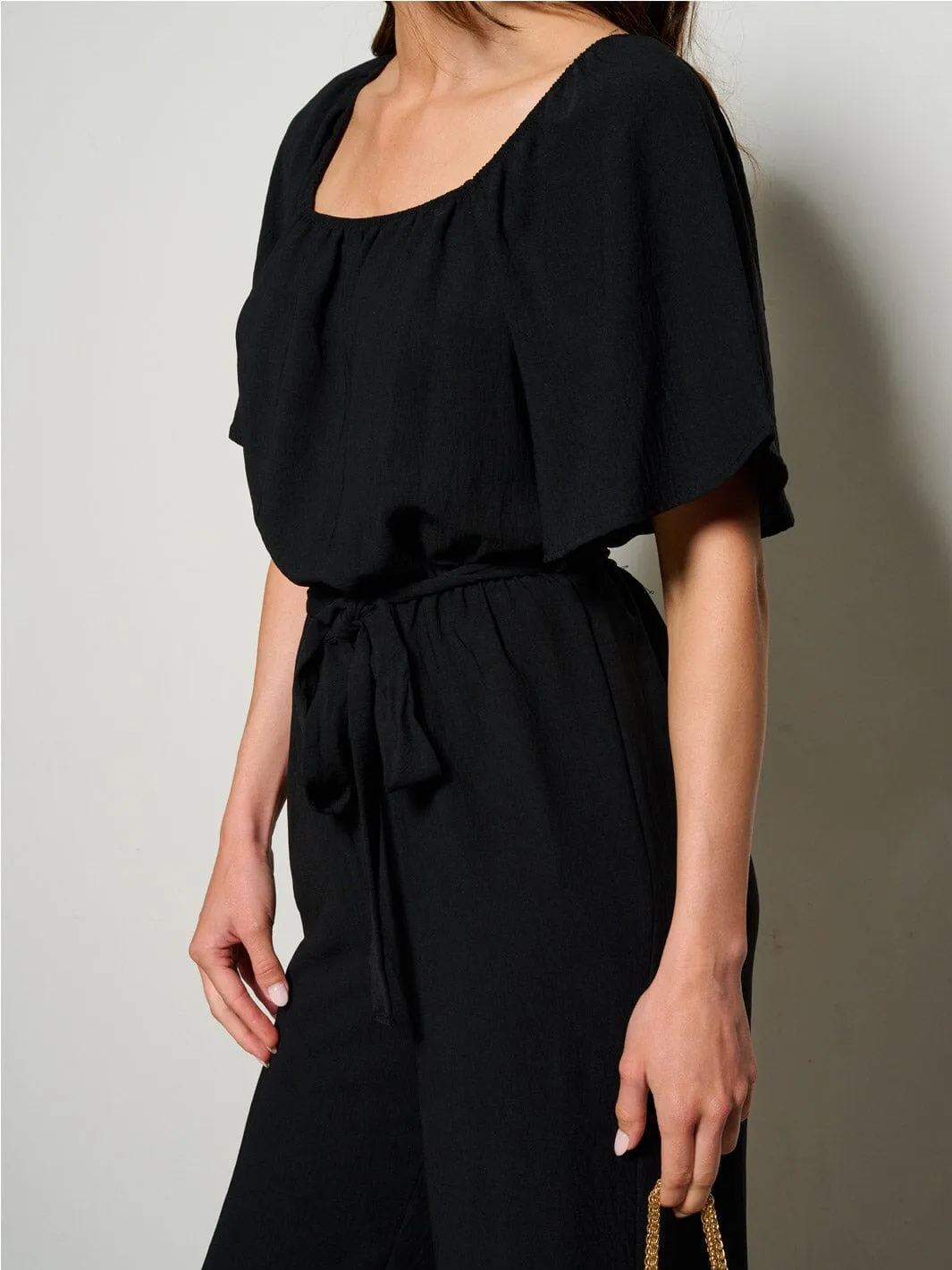 WOMEN'S SHORT SLEEVE SELF TIE WIDE LEG JUMPSUIT
