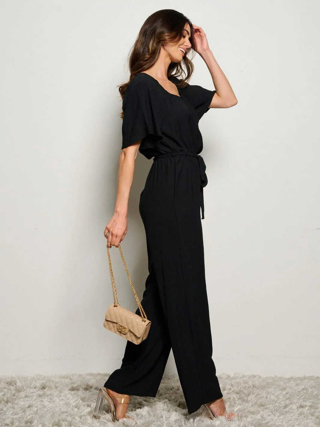 WOMEN'S SHORT SLEEVE SELF TIE WIDE LEG JUMPSUIT