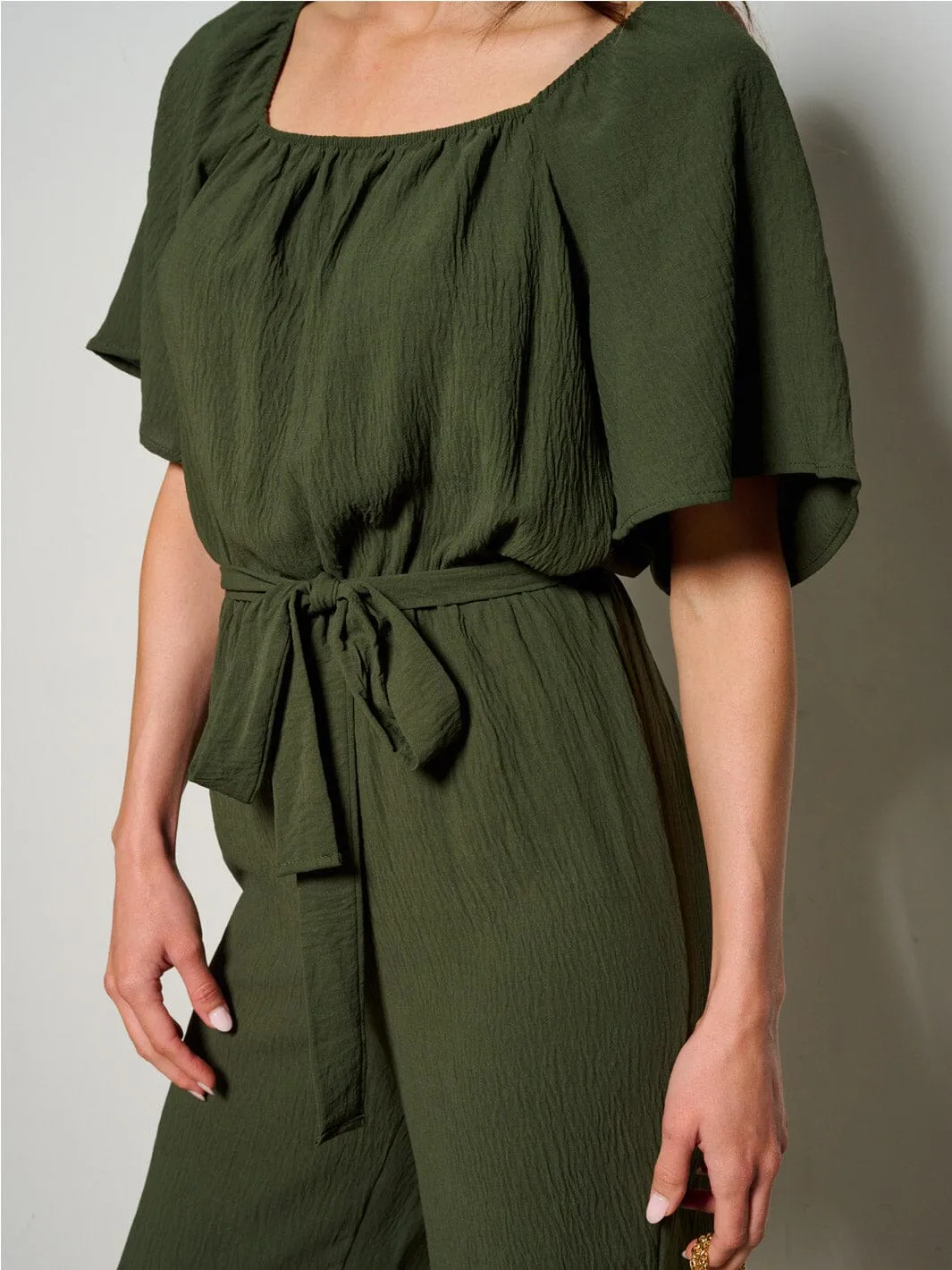 WOMEN'S SHORT SLEEVE SELF TIE WIDE LEG JUMPSUIT