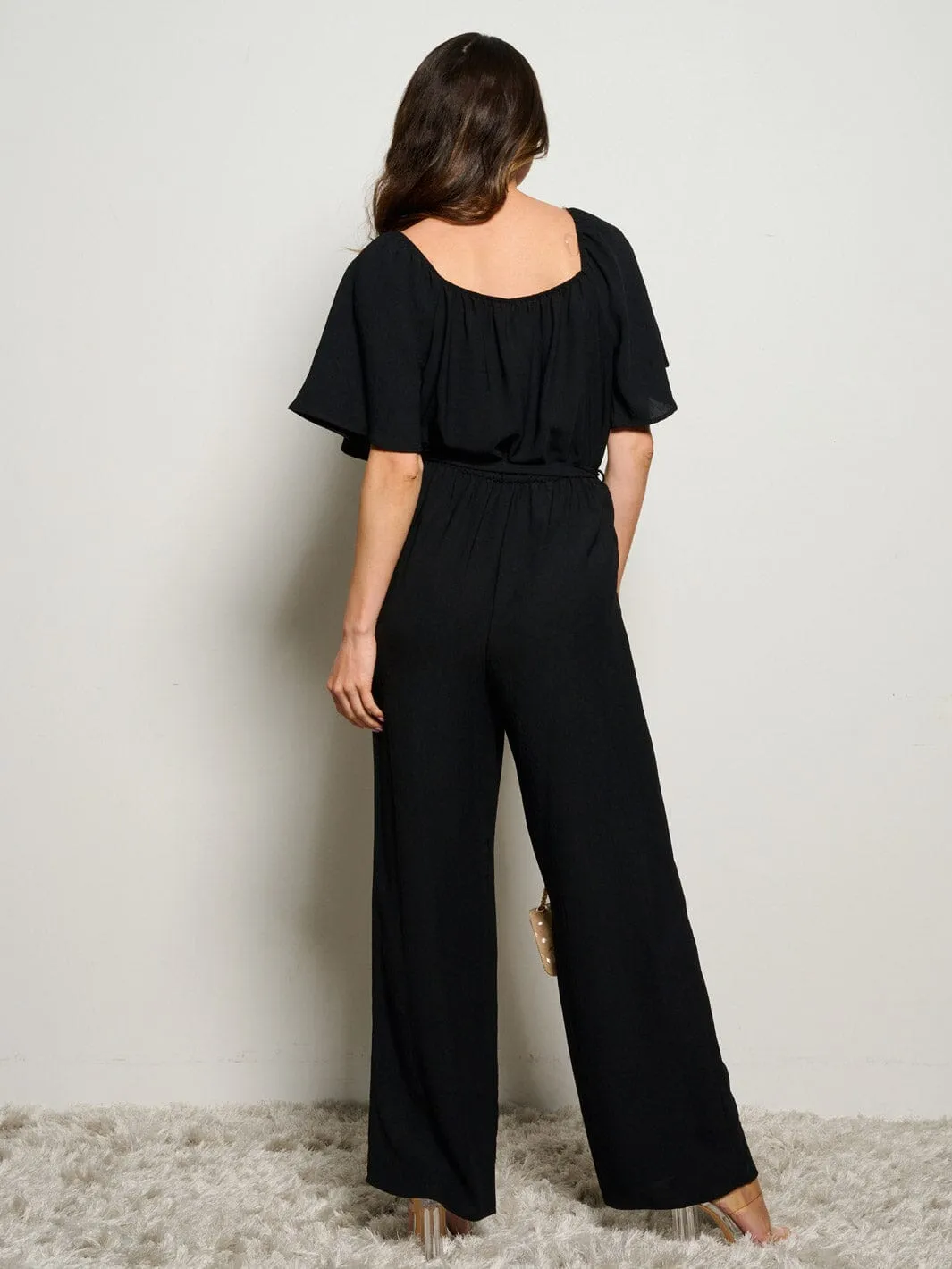 WOMEN'S SHORT SLEEVE SELF TIE WIDE LEG JUMPSUIT