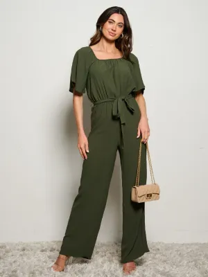 WOMEN'S SHORT SLEEVE SELF TIE WIDE LEG JUMPSUIT