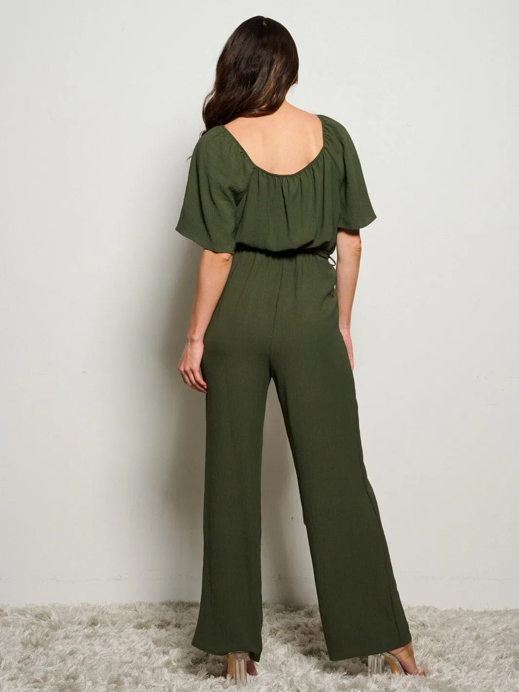 WOMEN'S SHORT SLEEVE SELF TIE WIDE LEG JUMPSUIT